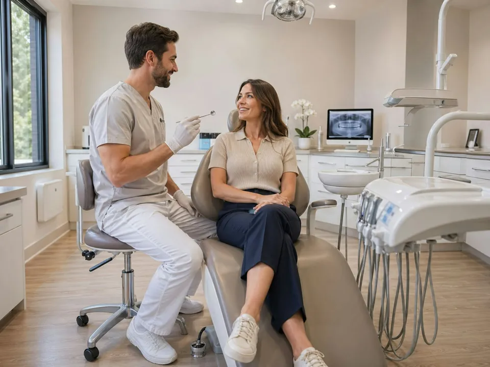 Dentista conversando com uma paciente em um consultório claro e moderno